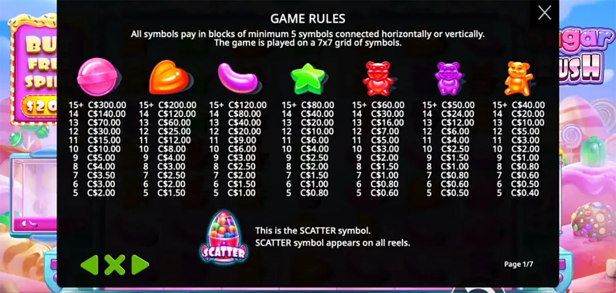 Sugar Rush slot game rules and paytable screen showing symbol payouts for candy icons (pink candy, heart, jelly bean, star, and gummy bears) with minimum 5 connected symbols on a 7×7 grid, plus the Scatter symbol information at the bottom.