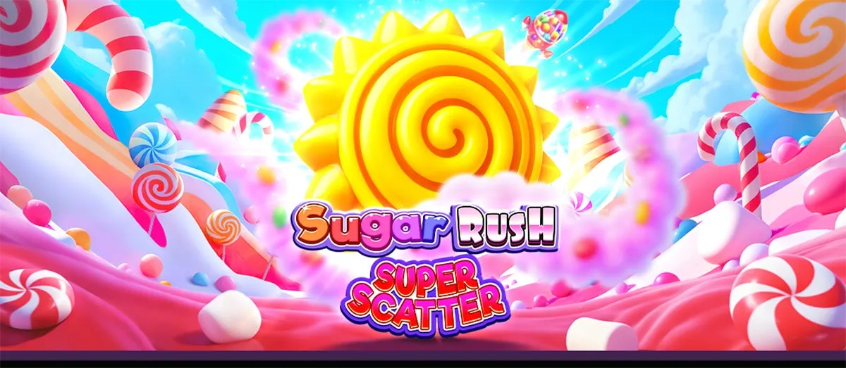 Sugar Rush Super Scatter bonus screen with a bright candy-land scene featuring a glowing spiral candy sun, swirling rainbow clouds, lollipops and candy canes, and the “Sugar Rush Super Scatter” logo centered in a vibrant pastel sky.
