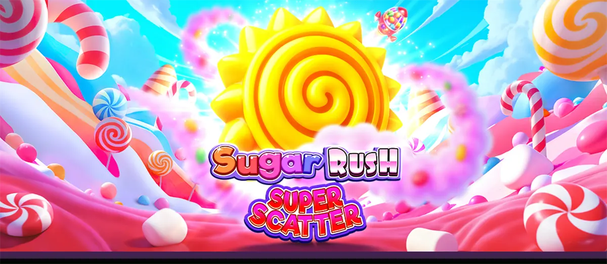 Sugar Rush Super Scatter bonus screen with a bright candy-land scene featuring a glowing spiral candy sun, swirling rainbow clouds, lollipops and candy canes, and the “Sugar Rush Super Scatter” logo centered in a vibrant pastel sky.
